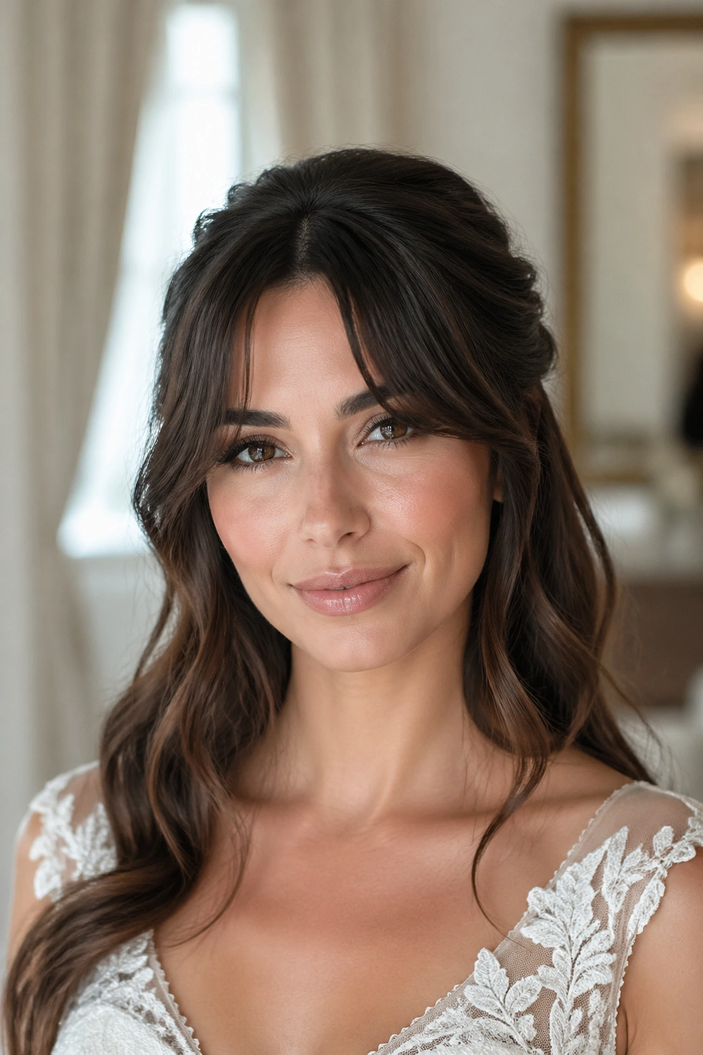Bride with center-part curtain bangs and half-up twist.