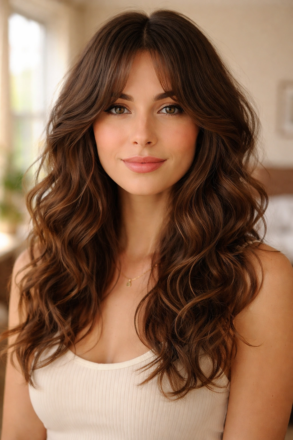 Close-up of a real woman with center-part curtain bangs and soft-ended fringe on wavy hair
