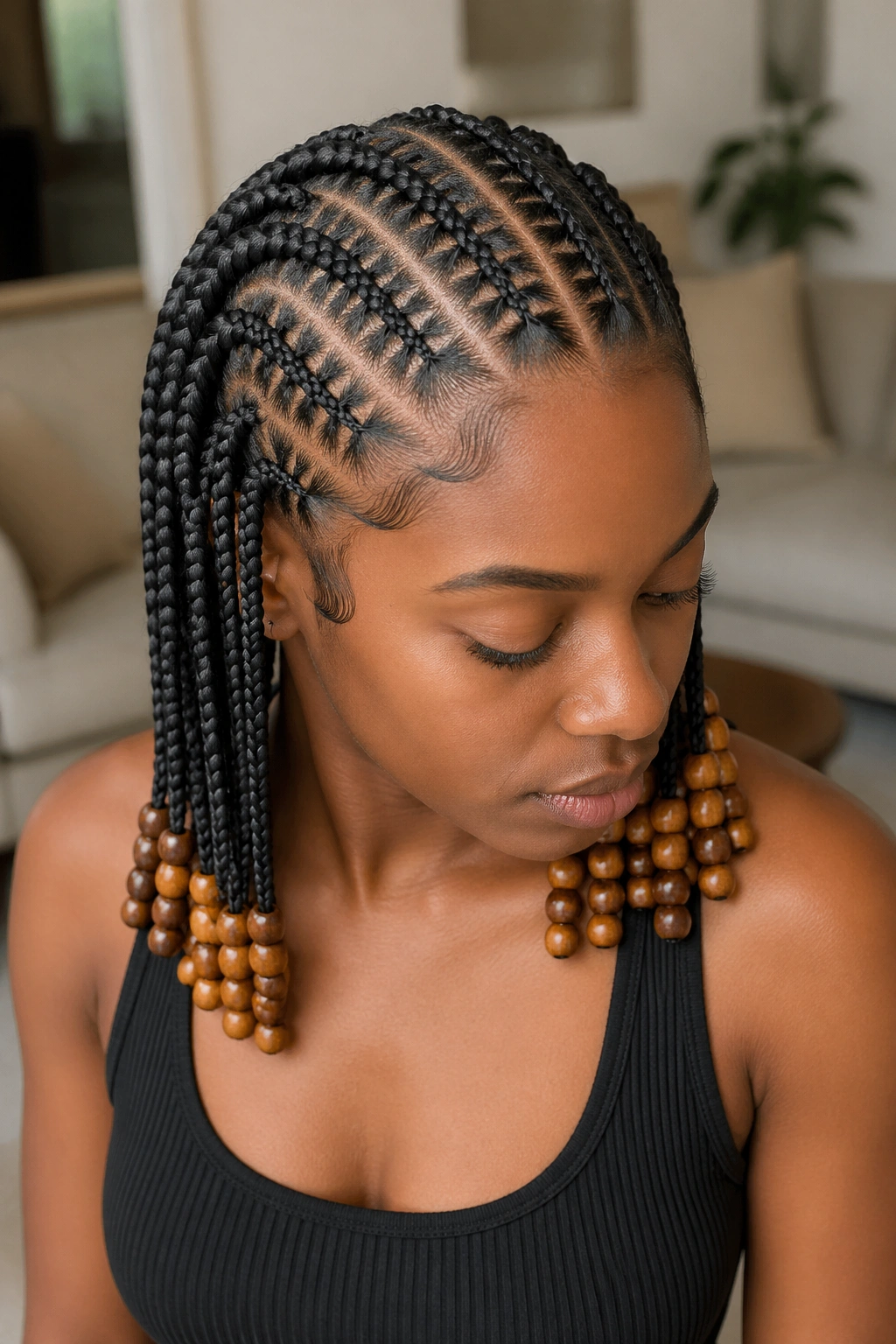 Center-parted double stitch cornrows with wooden bead clusters on a real person