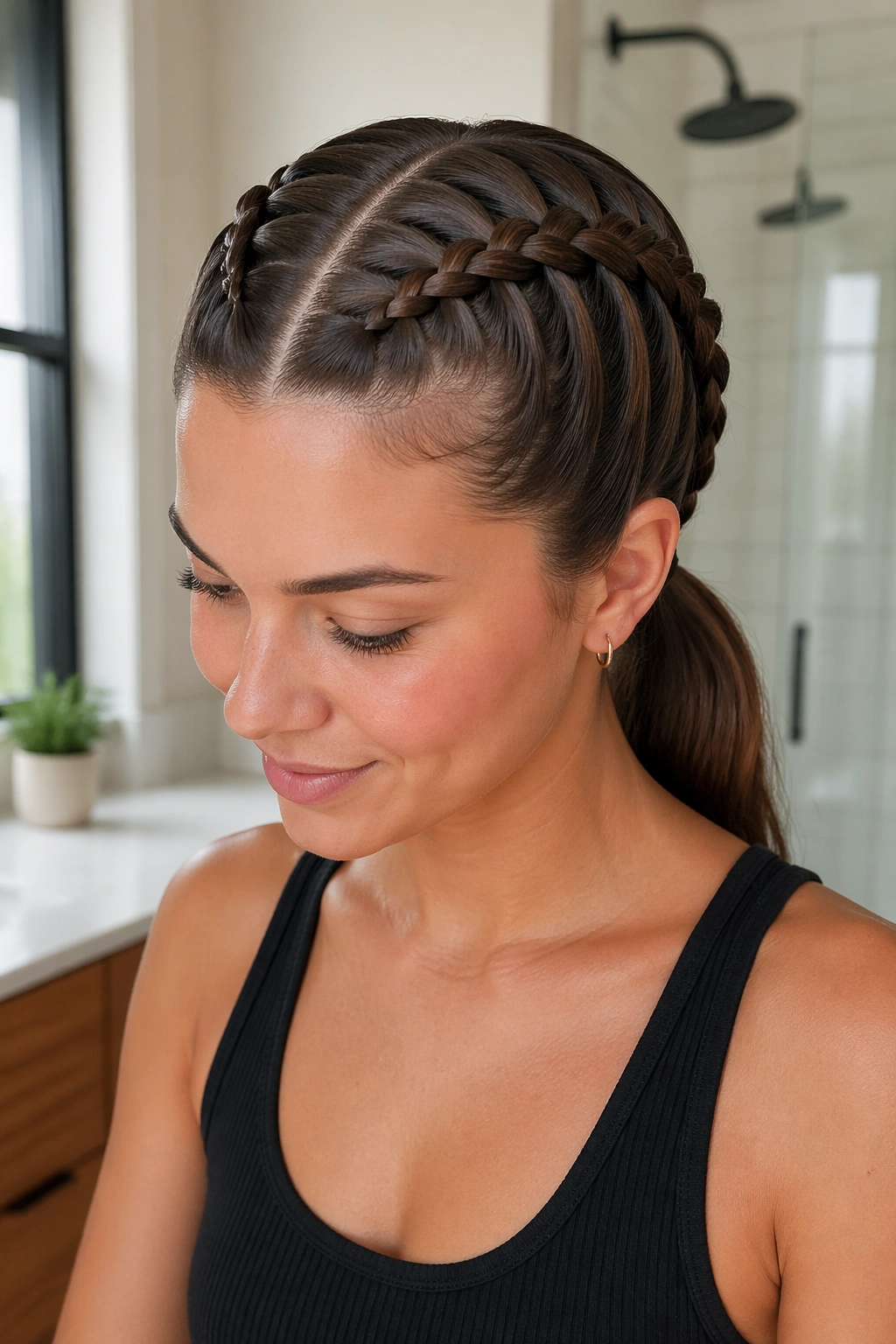 Close-up of center-part Dutch braids forming a low ponytail on a real woman
