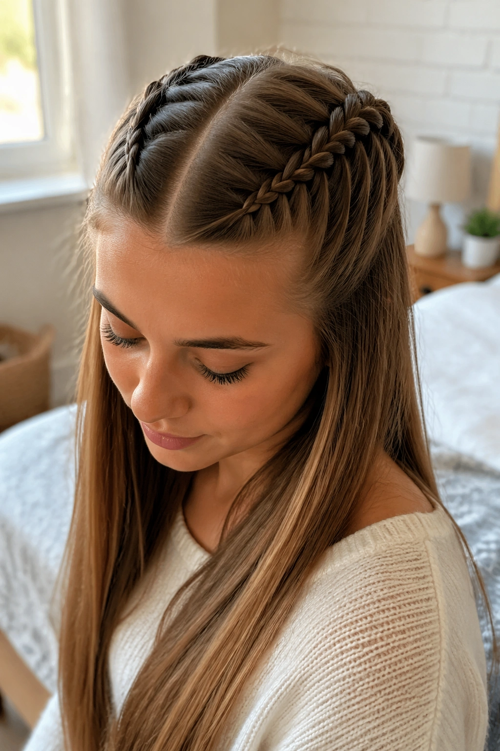 Close-up of a real person wearing center-part twin Dutch braids with hair left loose at the sides.