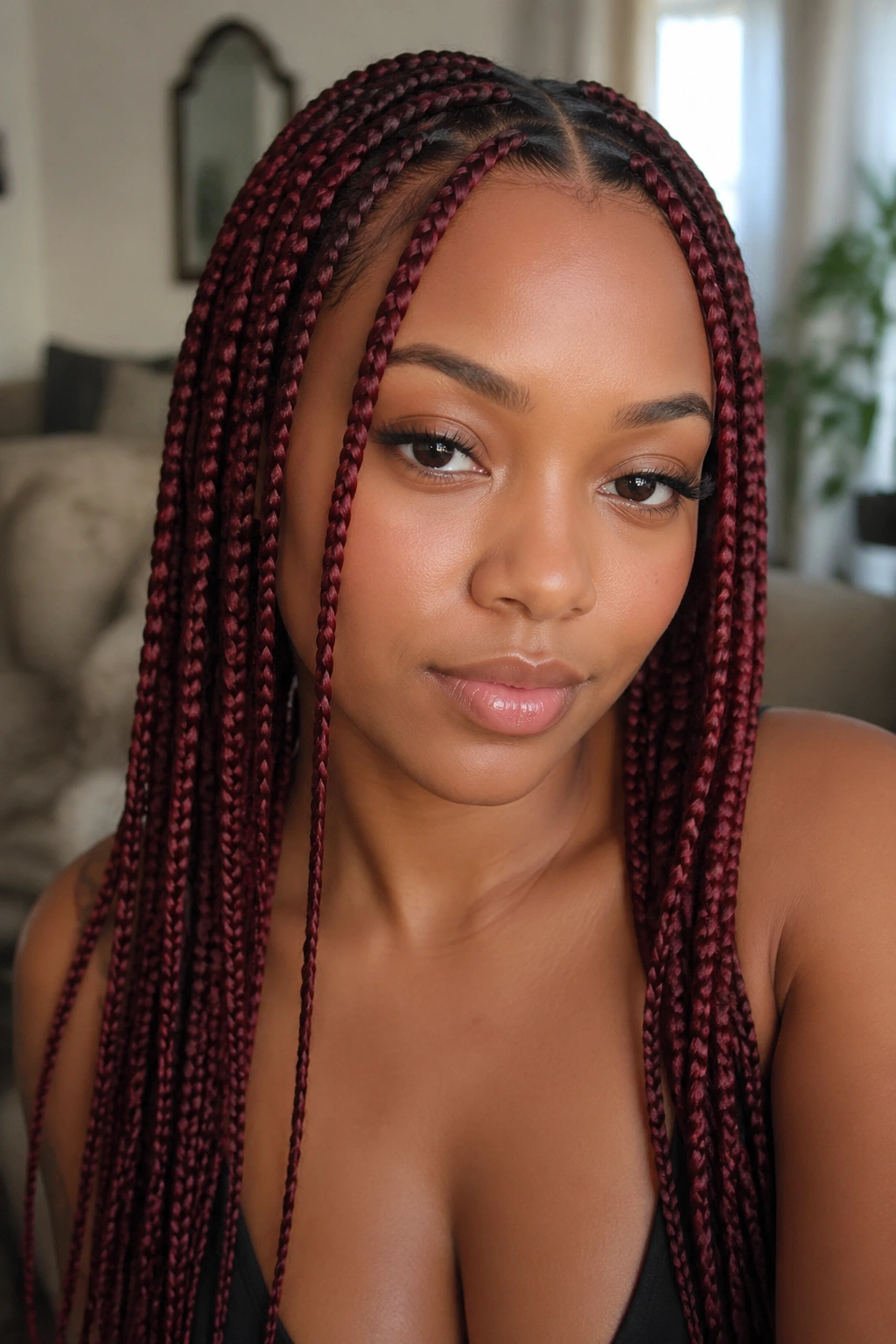 Real woman with center-part face-framing red braids close-up