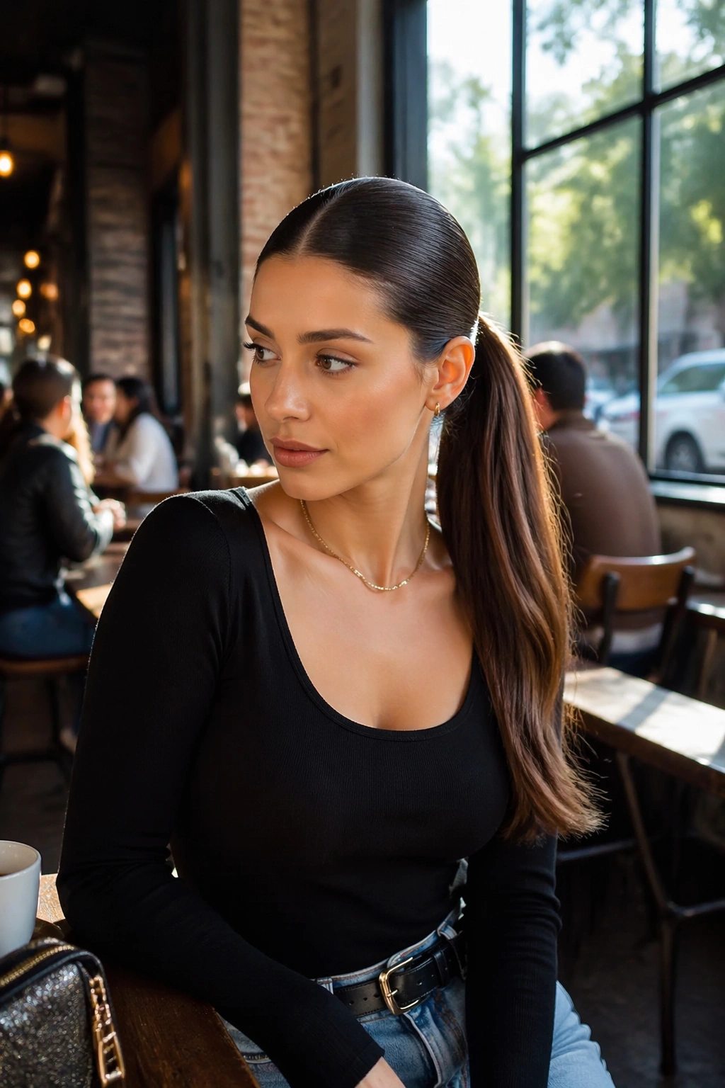 Waist-up view of Center-Part Mid Ponytail in a bright cafe
