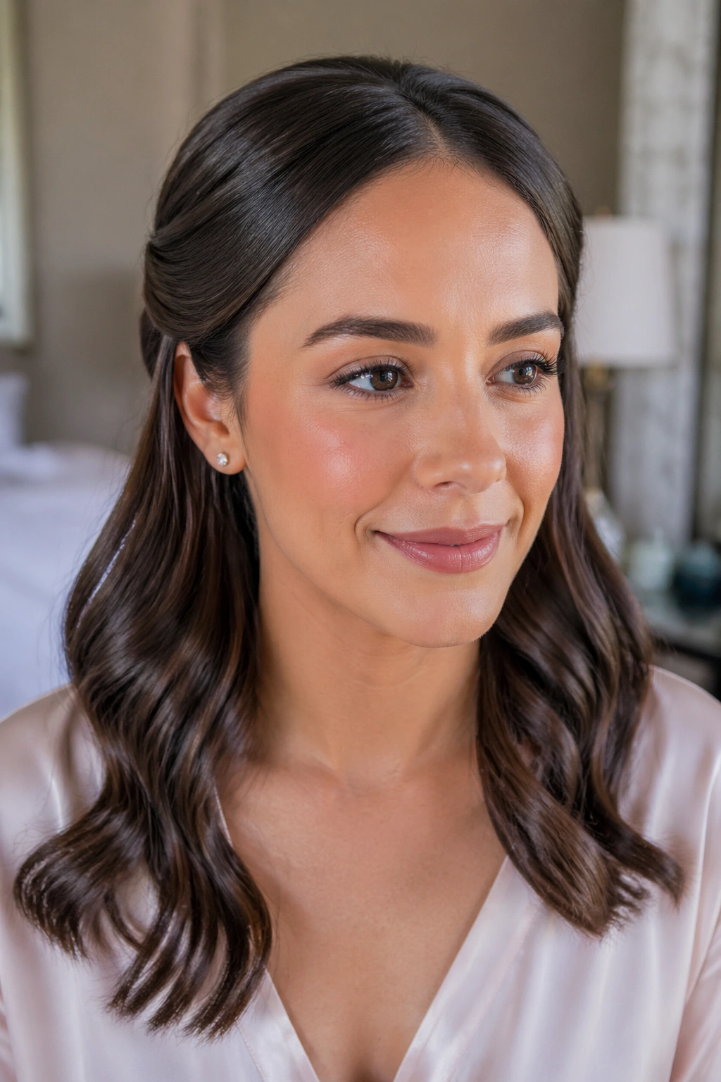 Close-up of a real woman with center-part glossy waves and tucked front pieces