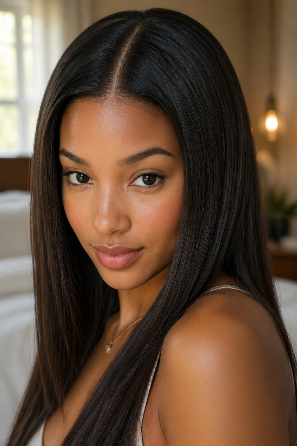 Close-up of a real woman with a sleek center-part and glossy straight hair