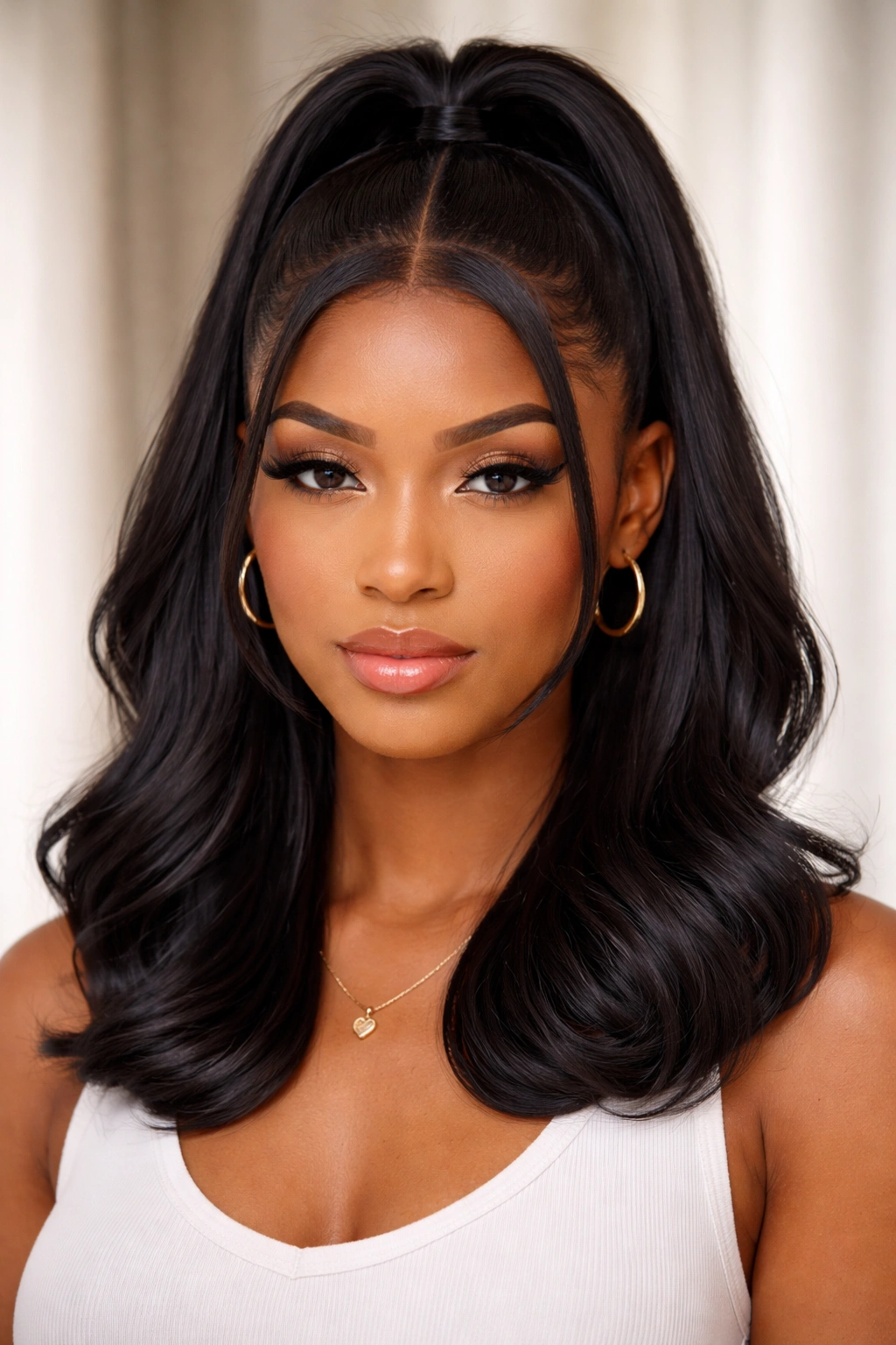 Front view of center-part half up half down weave with polished ends