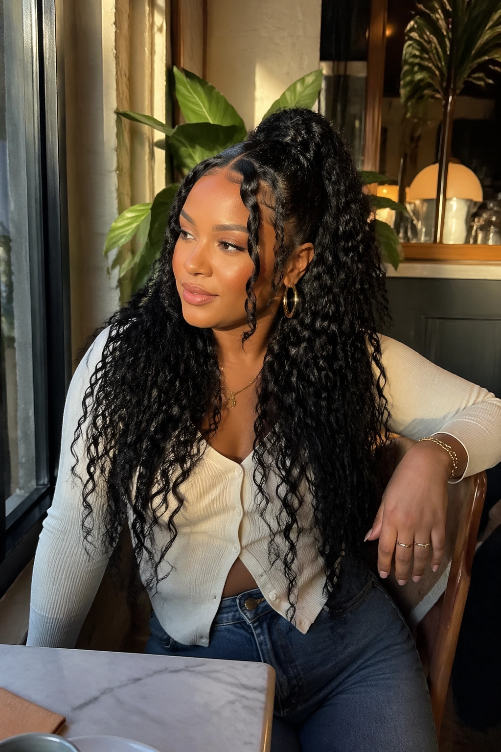 Wide shot of center-part half-up half-down wig with soft face-framing layers at a cafe.