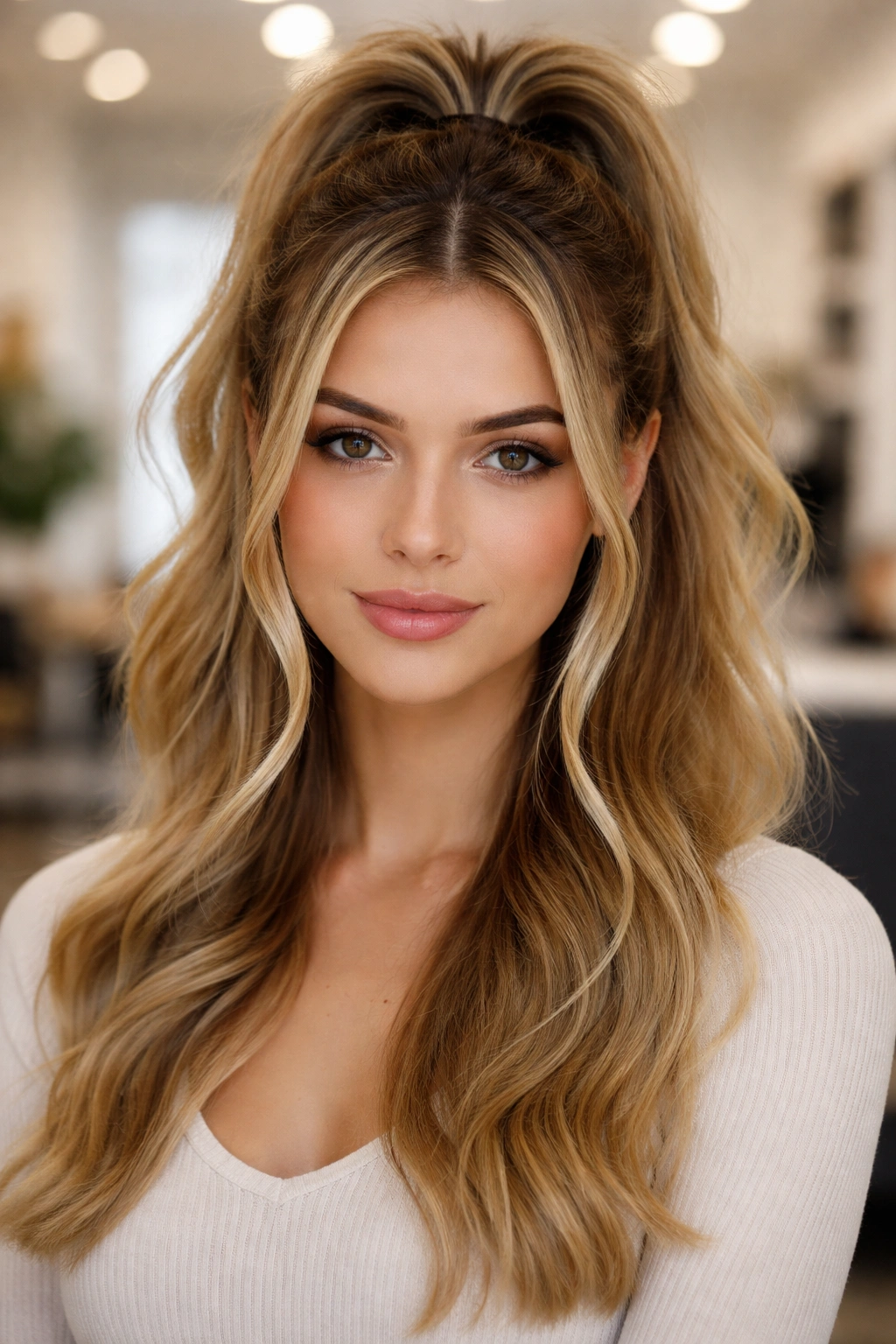 Head-and-shoulders with center part and face-framing pieces in a half-up ponytail