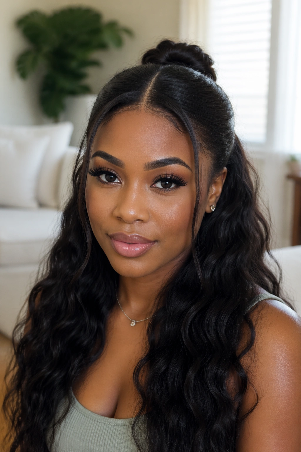 Real woman with center-part knot half-up hairstyle.
