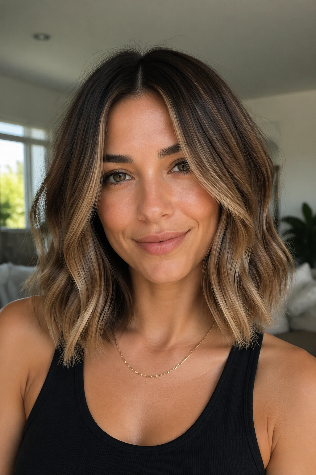 Portrait of a woman with a center-parted lob and rooted bronde color.