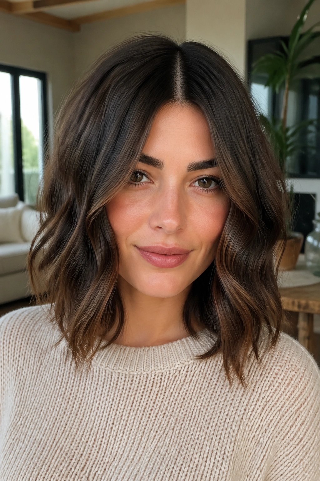 Close-up of center-part lob with loose S-waves on a real woman