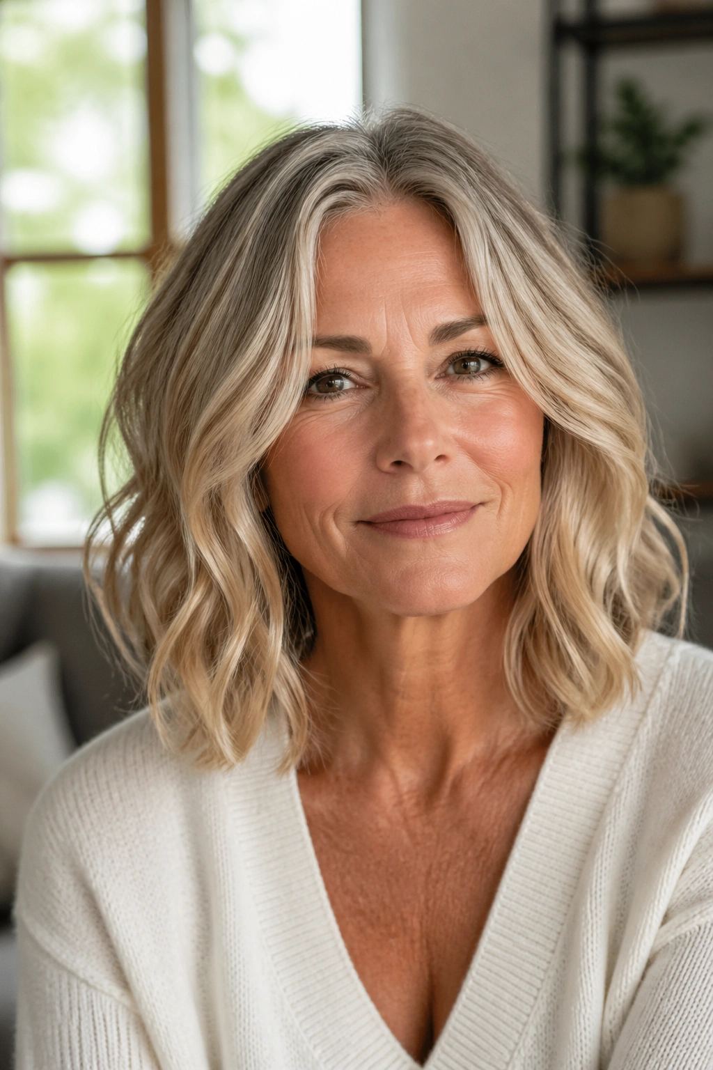 Real woman with center-part lob and loose waves