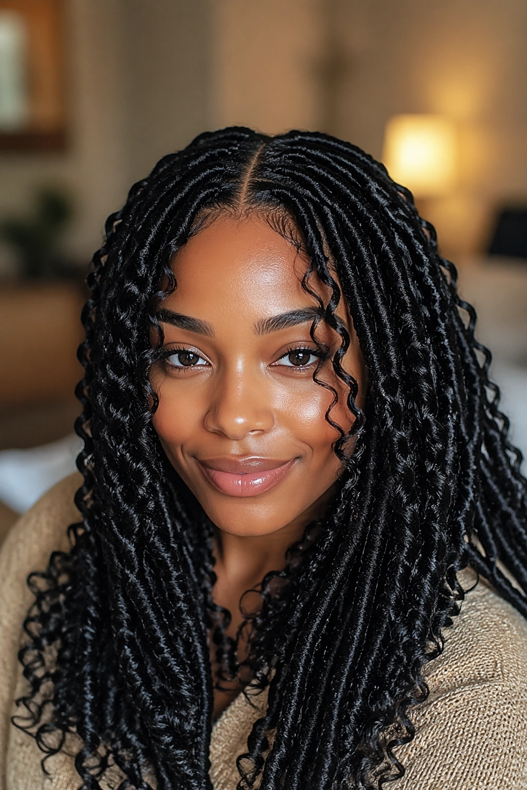 Real person with center-part goddess faux locs
