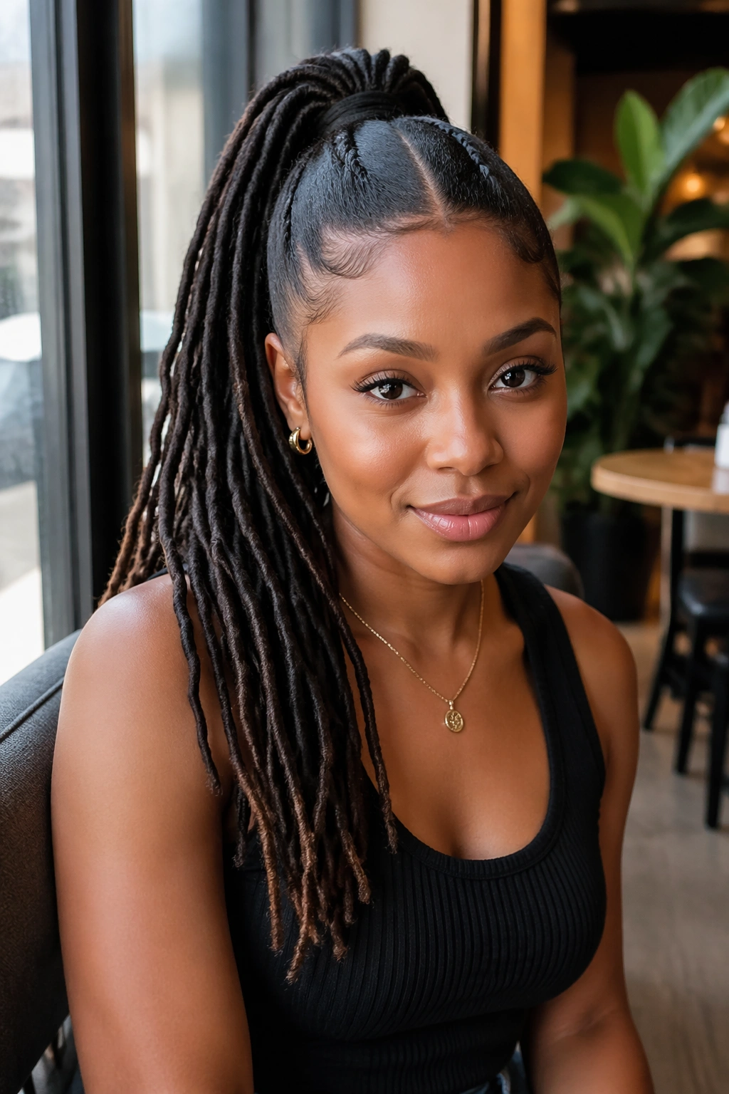 Medium close-up of real person with centered part and sleek loc ponytail in natural light