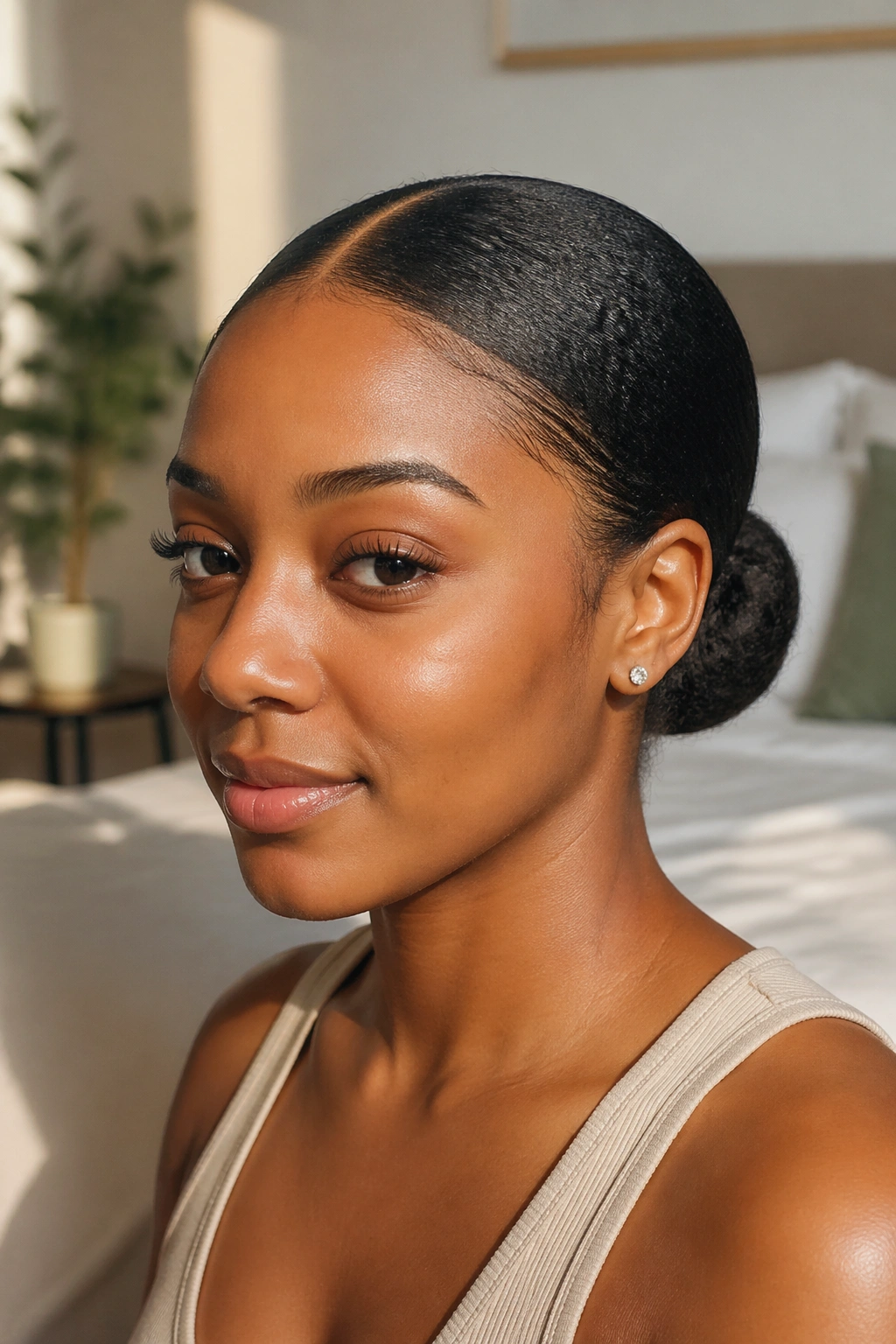 Close-up portrait of a real woman with a center-part and a sleek low bun at the nape, in a softly lit bedroom.