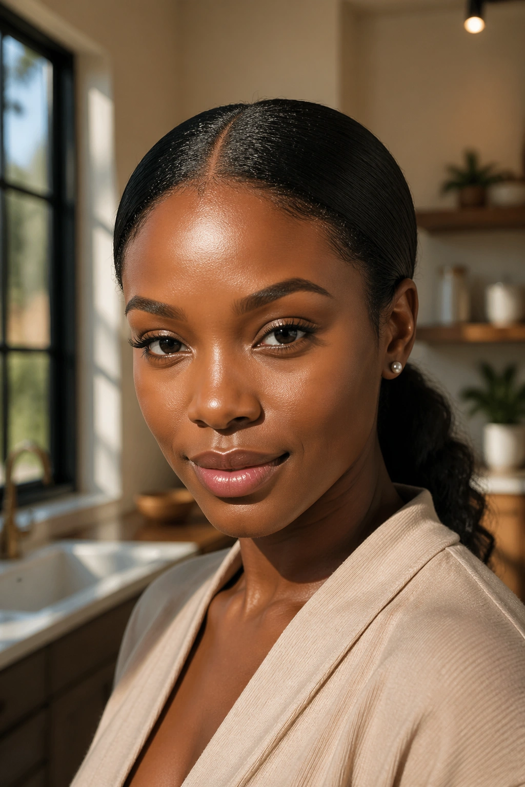 Close-up of a real woman with a deep center part and low pony at the nape