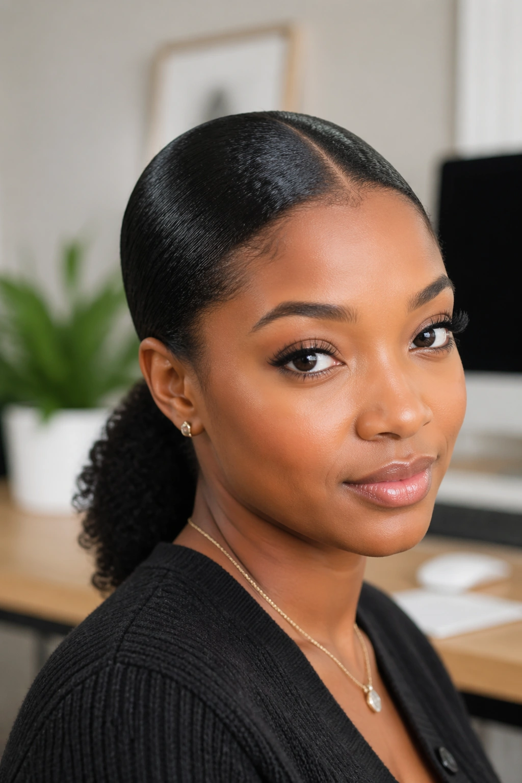 Center-part sleek low ponytail on a real person with 4C hair, close-up portrait in natural light