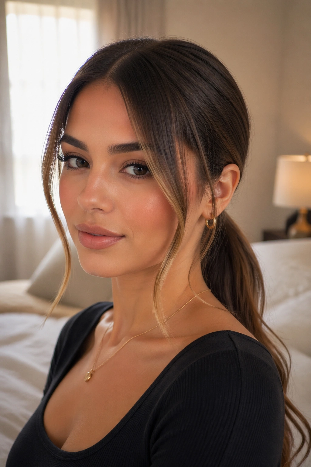 Close-up of a real woman with a center-part low ponytail and curtain pieces in natural window light