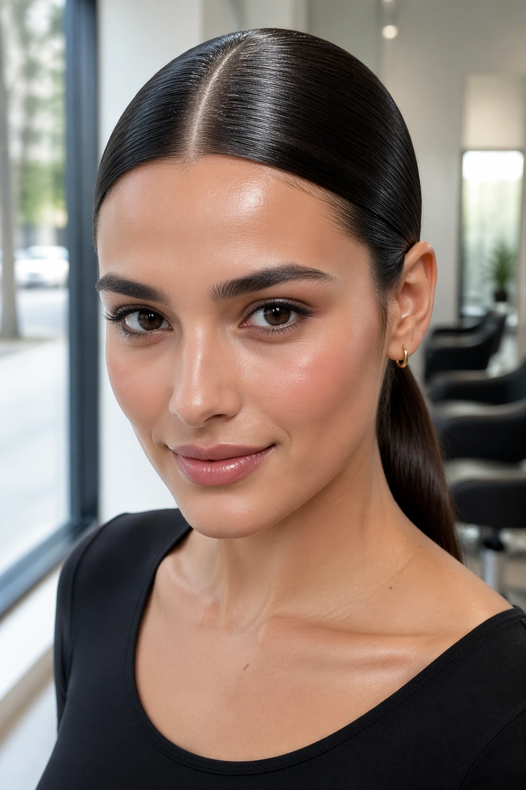 Close-up of a real woman with Center-Part Low Ponytail and glossy finish