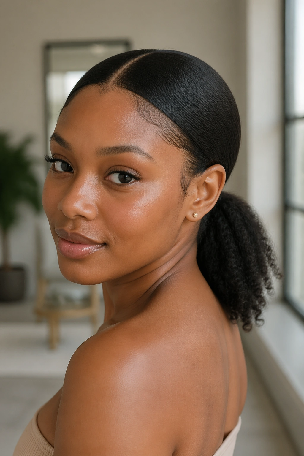 Close-up of a real person with a center-part low ponytail hairstyle