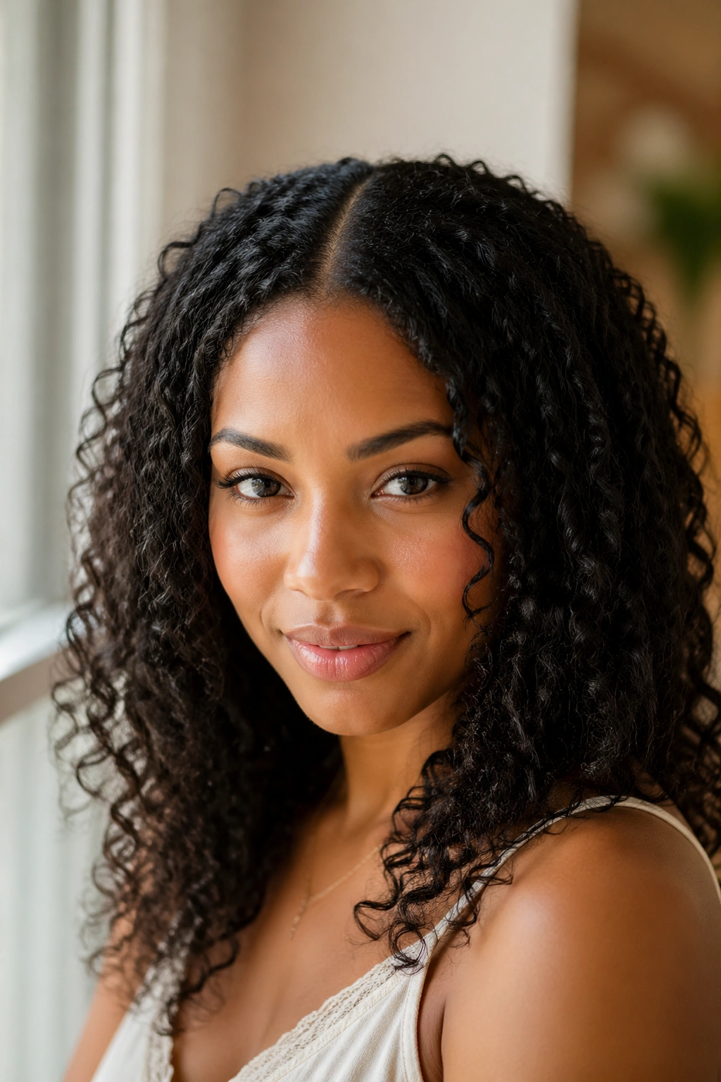 Close-up of a real woman with center-parted natural curls in window light