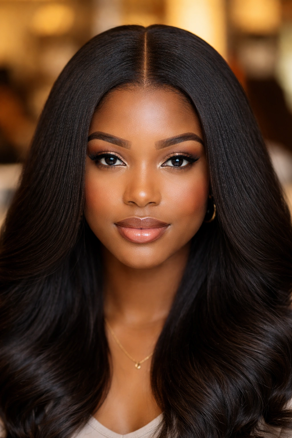 Close-up of real person with crisp center part on natural hair in a salon