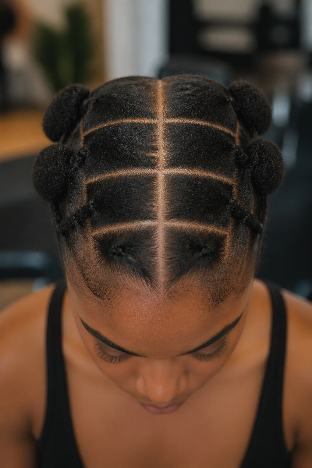 Close-up scalp showing a centered part and parallel lines for eight braids.