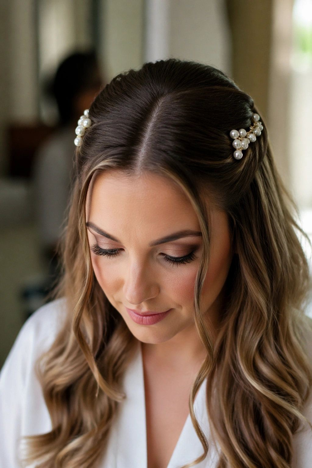 Close-up of a real woman with a center part and pearl pins in layered hair