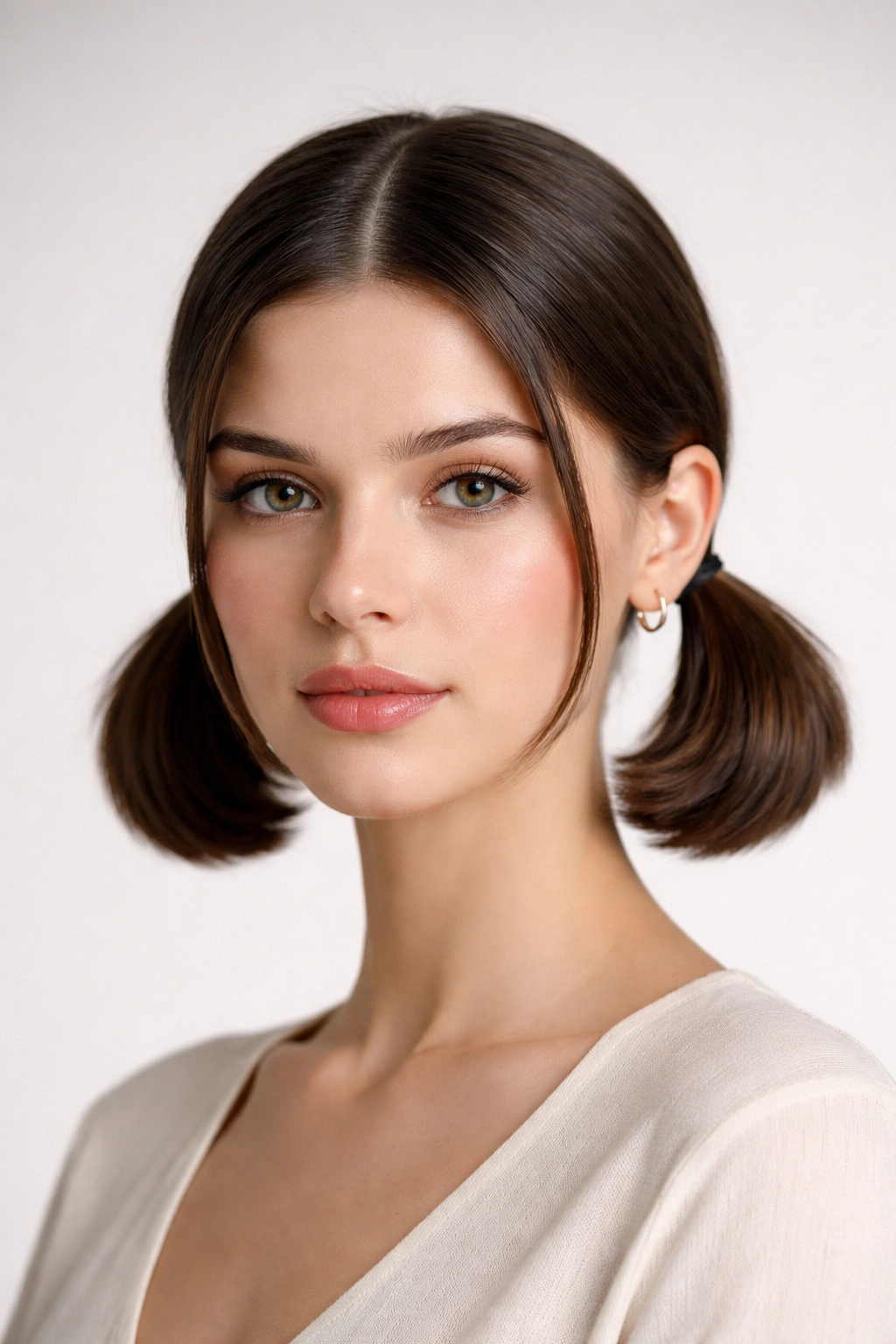 Sleek center-part pigtails sitting low on short hair