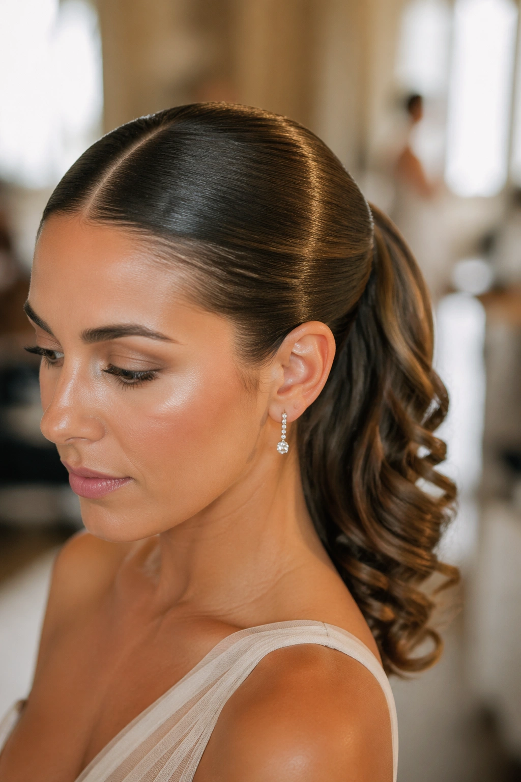 Close-up of center-part polished ponytail with curled ends on a real person