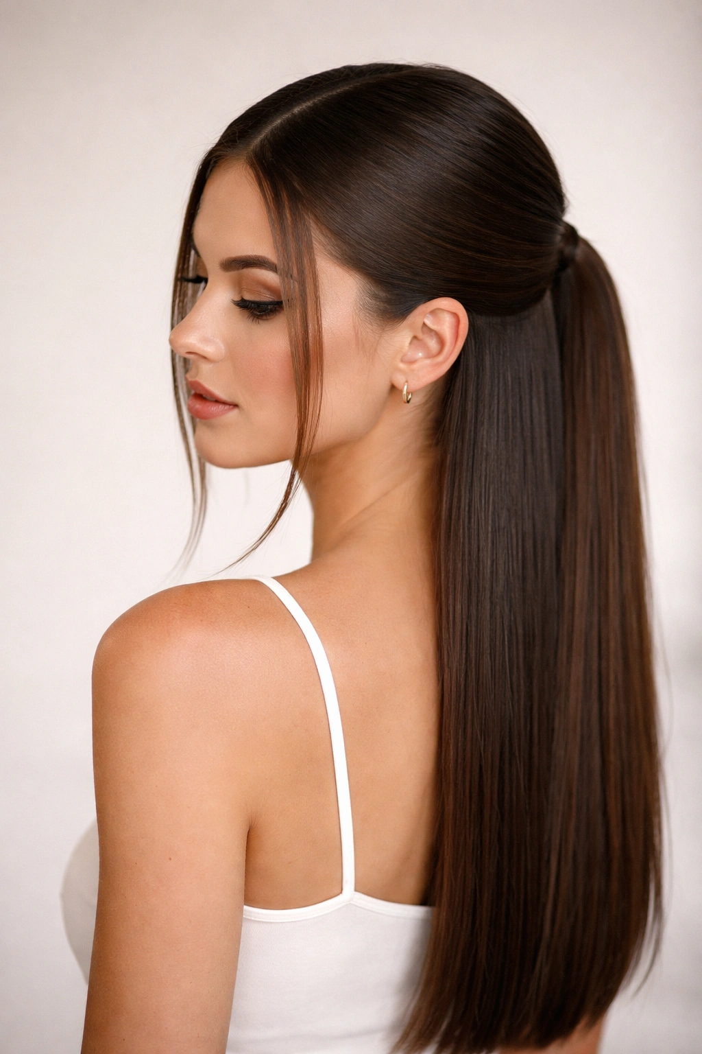 Straight hair with a center part pulled into a sleek low half-ponytail
