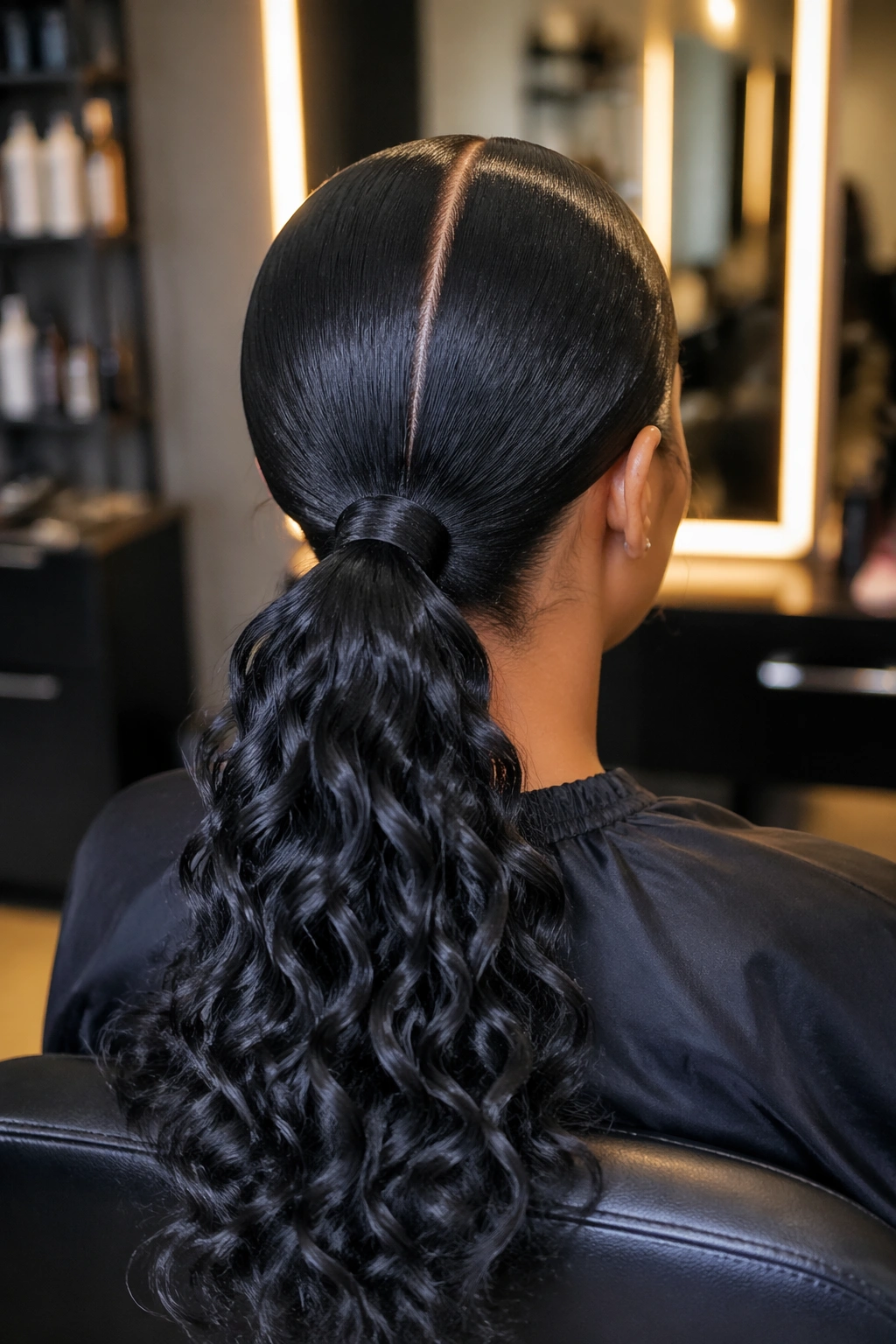 Center-part sleek mid weave ponytail on curly hair in salon