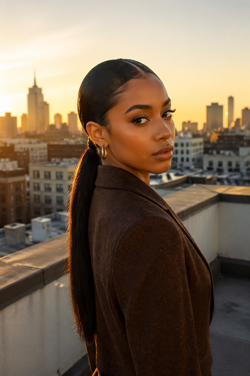 Hero shot of center-part sleek ponytail on rooftop at sunset.
