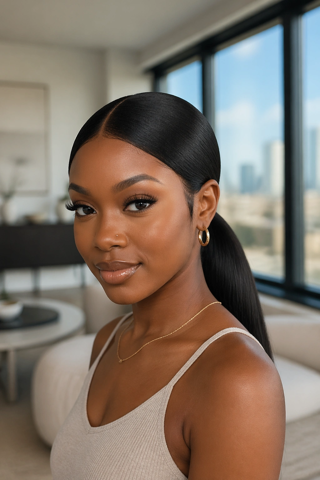 Portrait of a Black woman with a low center-part weave ponytail at the nape
