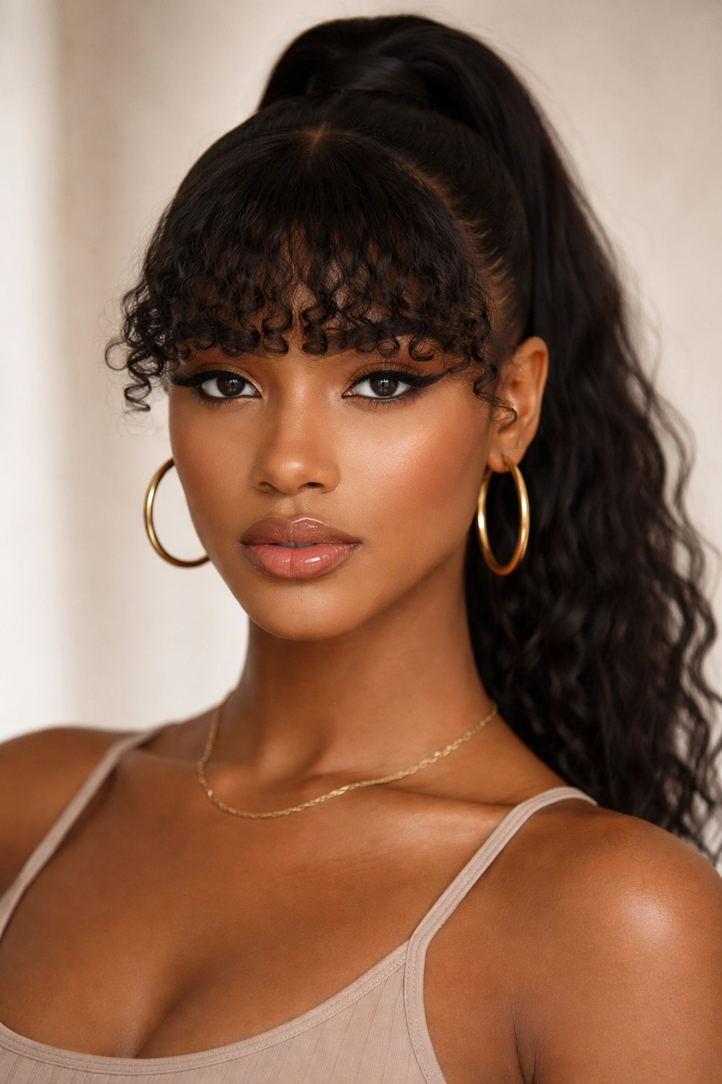 Center-part ponytail with blunt curly bangs hanging straight down above brows