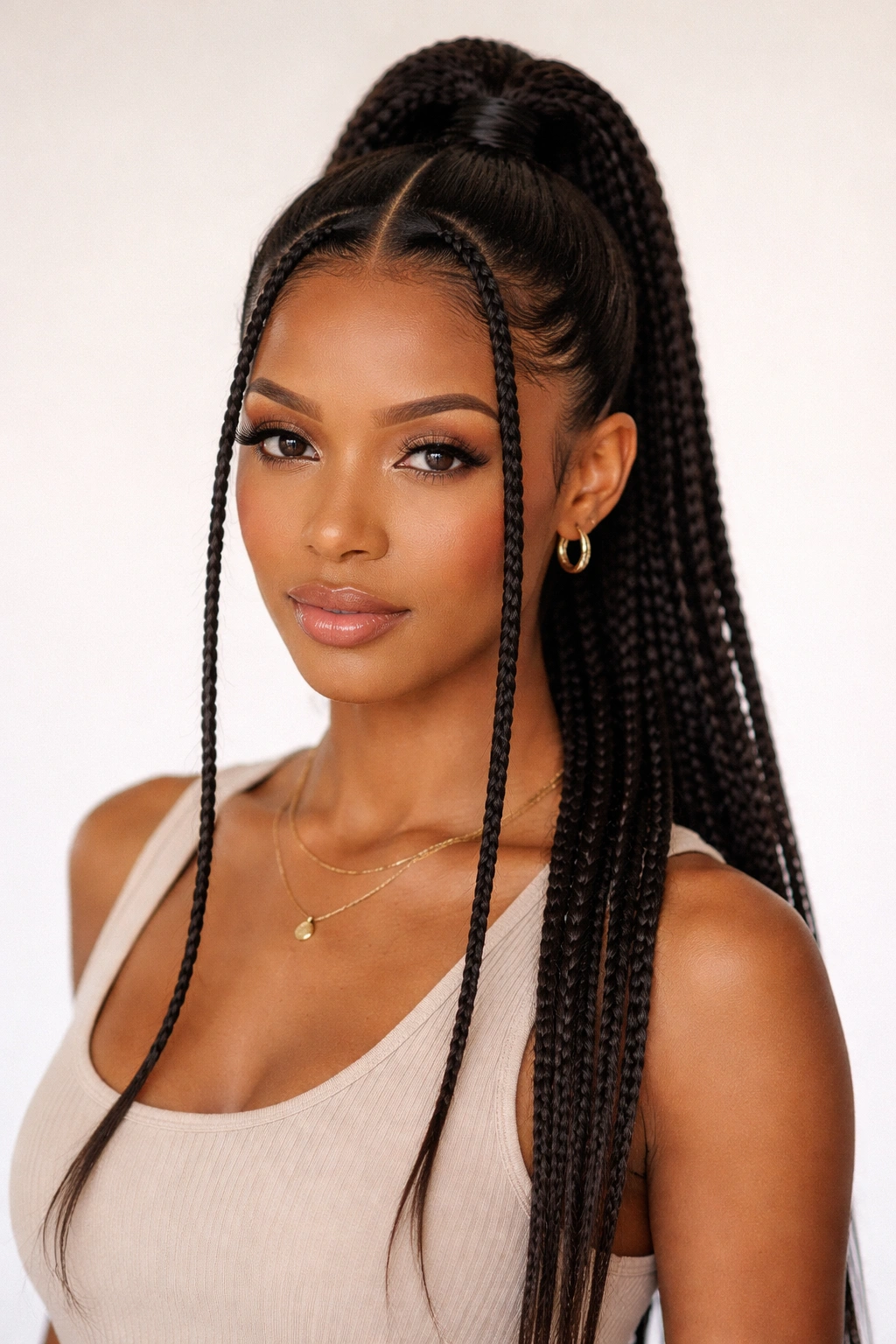 Center-parted ponytail with long braided bang pieces framing the face.