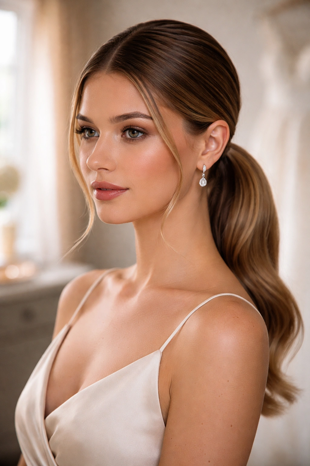 Close-up of a real woman with a center-part low ponytail in bridal prep lighting