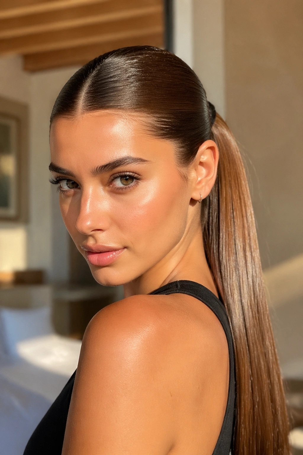 Close-up of a real woman with a center-part brown ponytail and mirror-like shine.