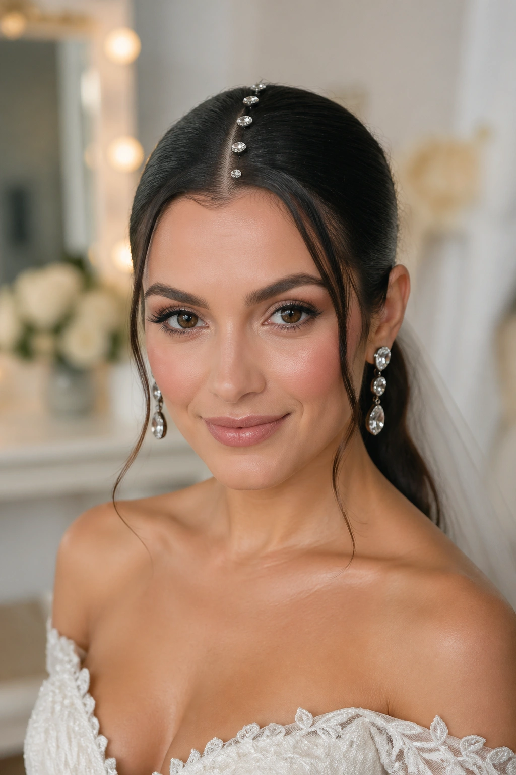 Front view of bride with center-part ponytail and crystal pins
