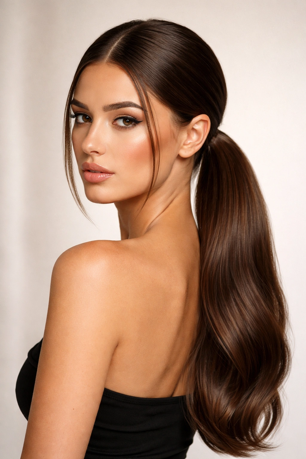 Center-parted glossy low ponytail with full tail