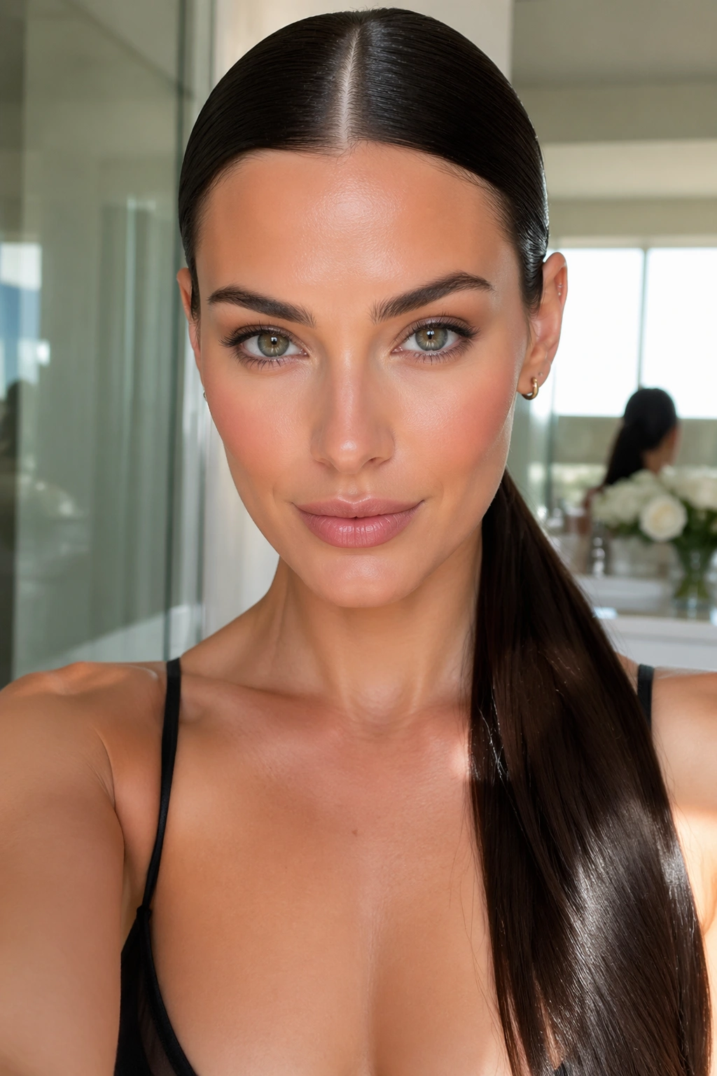 Real woman with center-part and glossy ponytail.