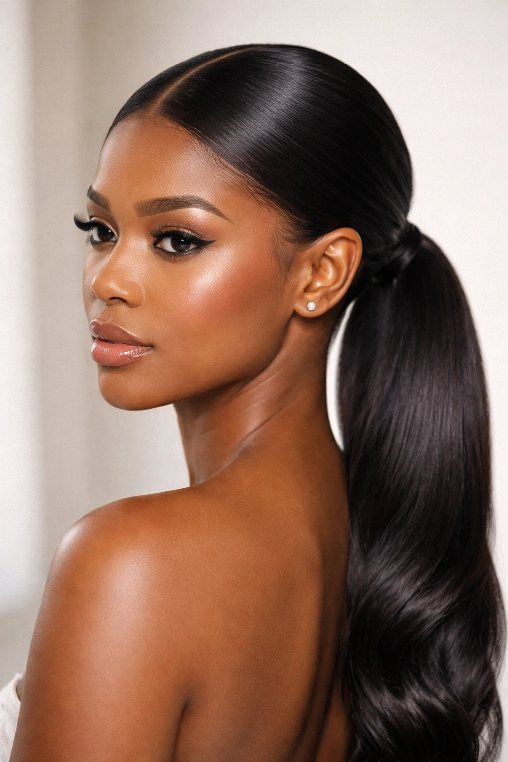 Close-up of center-part low ponytail with glossy finish on Afro hair