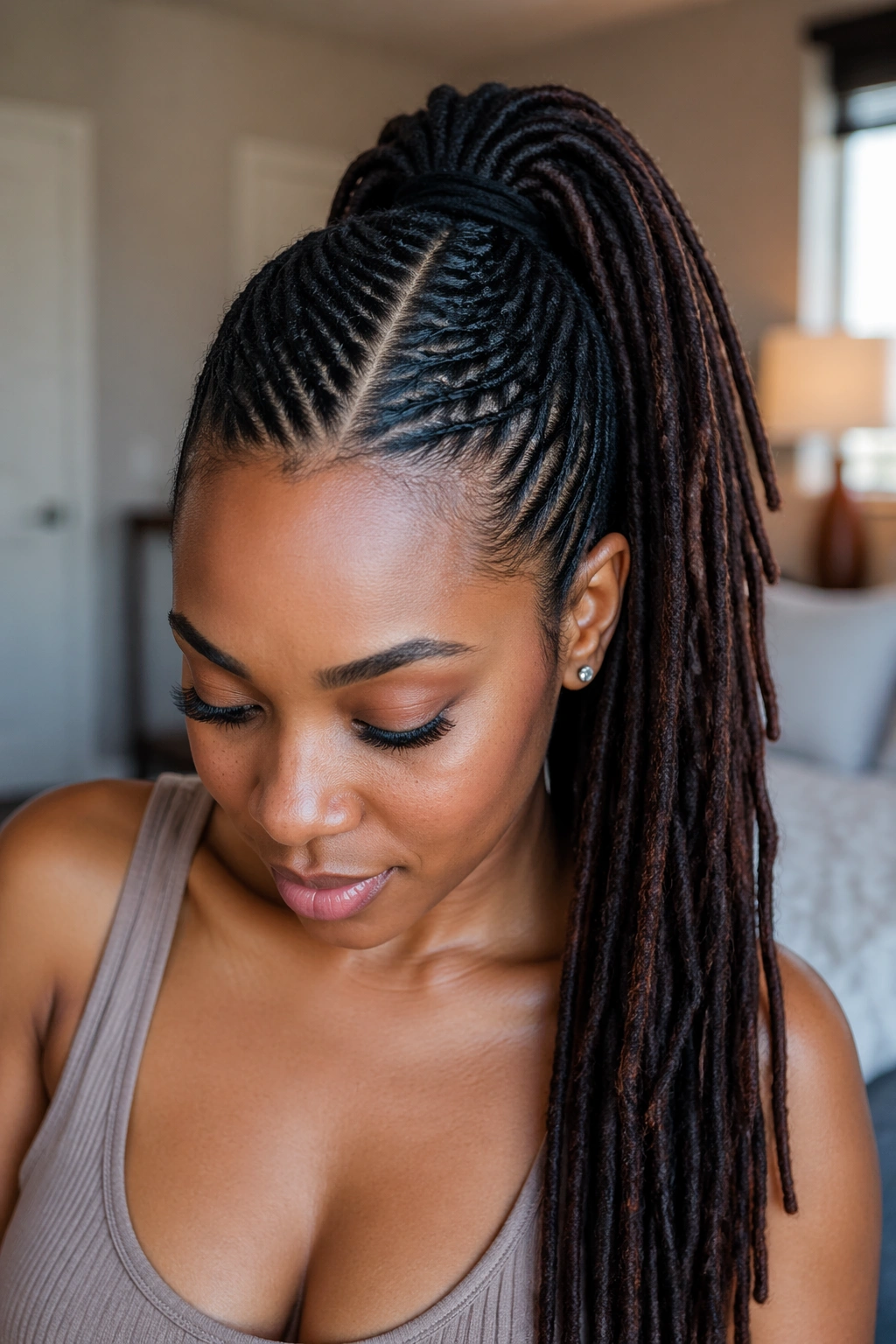 Close-up of real woman with long locs in a center-part sleek ponytail under natural window light