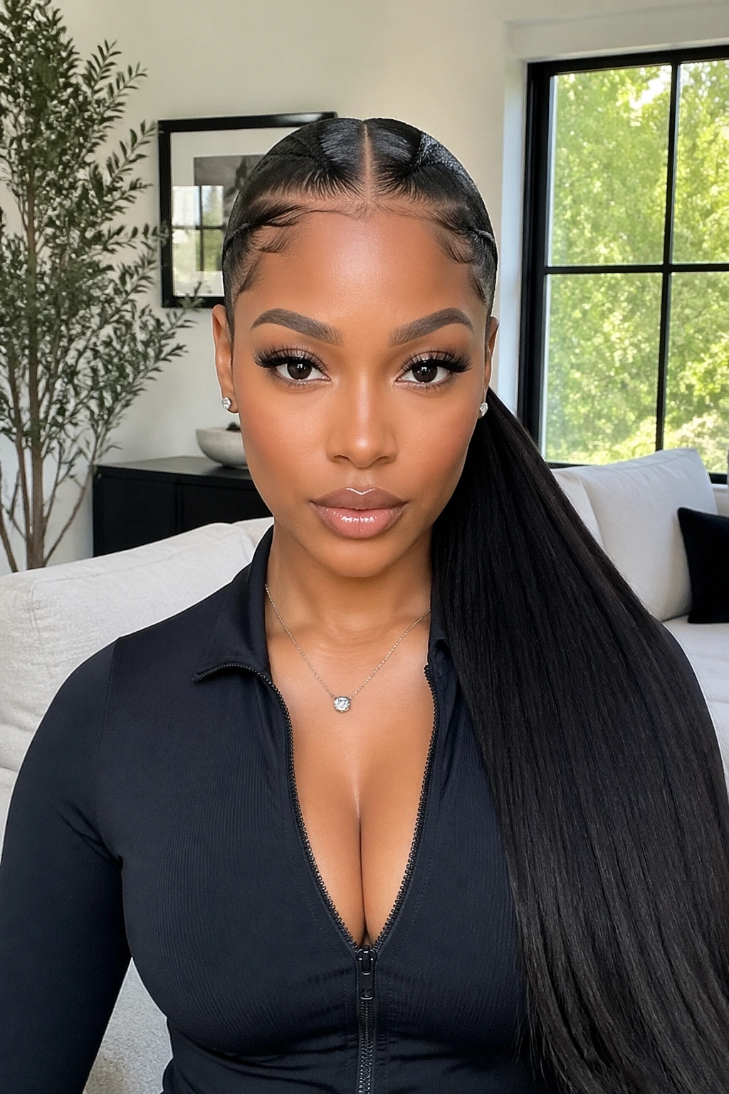 Close-up of a real woman with a center-part feed-in ponytail and long tail