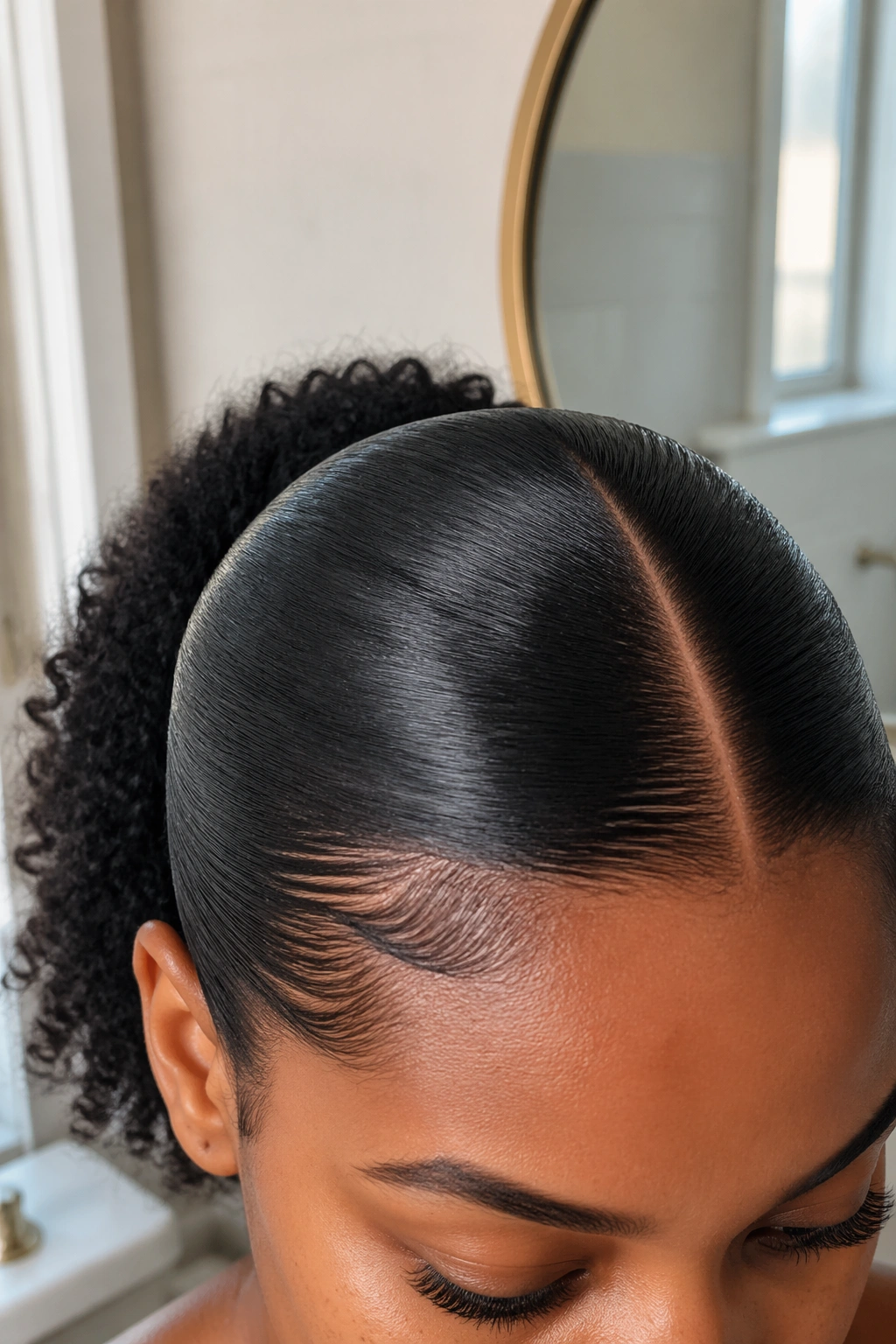 Close-up of sleek center-part mid ponytail showing neat part and wrapped base.
