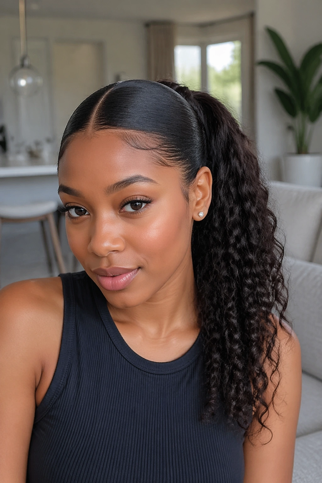 Close-up of a real woman with a center-part polished ponytail in a bright room