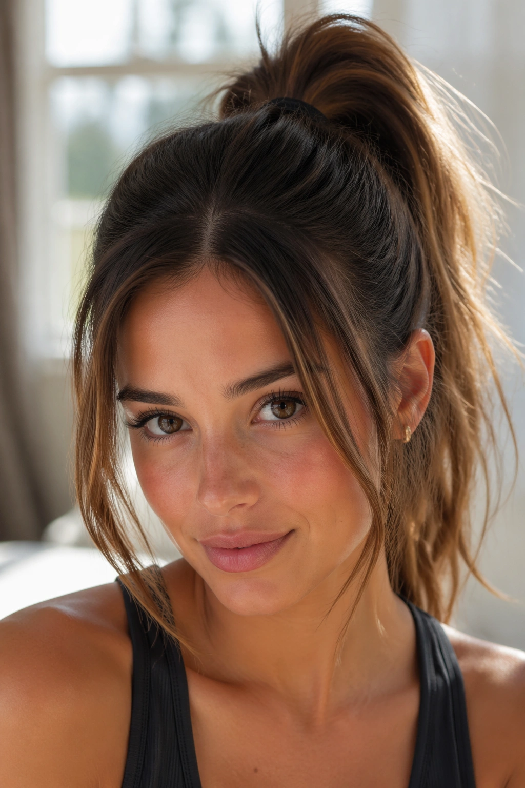 Center-part high ponytail close-up portrait on real woman with soft crown looseness