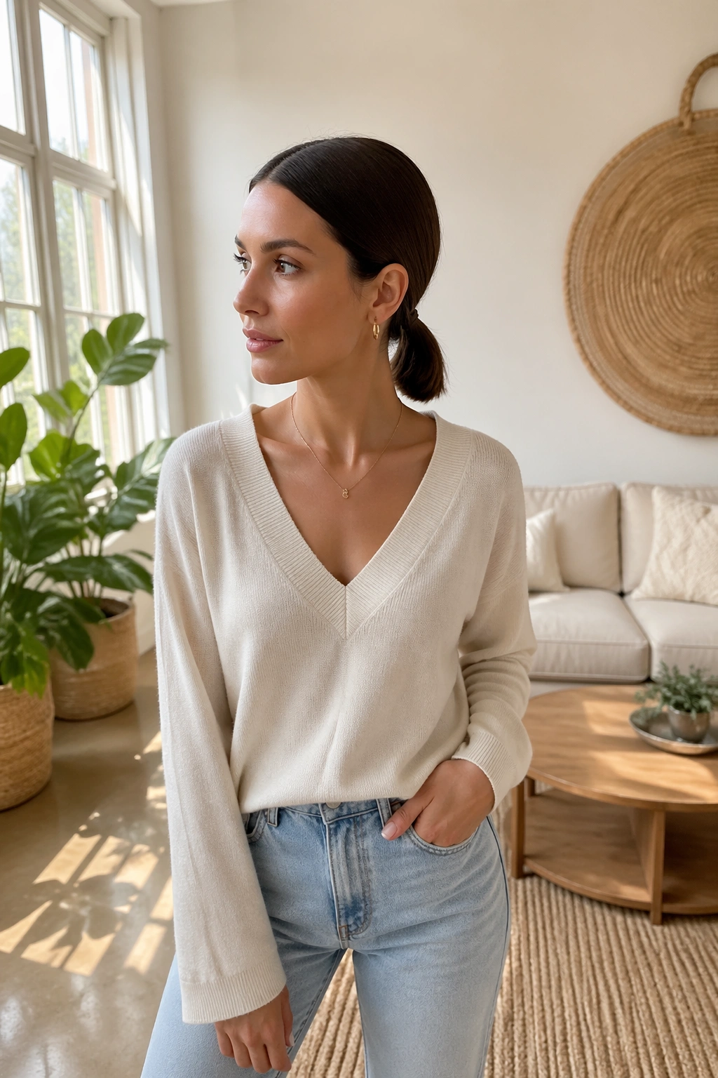 Center-part low ponytail on short bob in bright living room