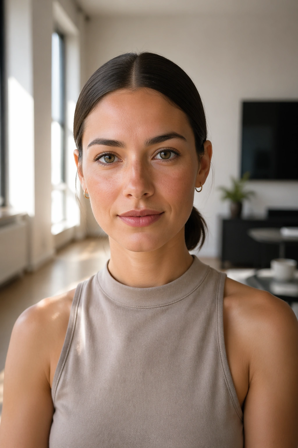 Portrait of a woman with a center-part low ponytail, making short hair appear longer, natural light.