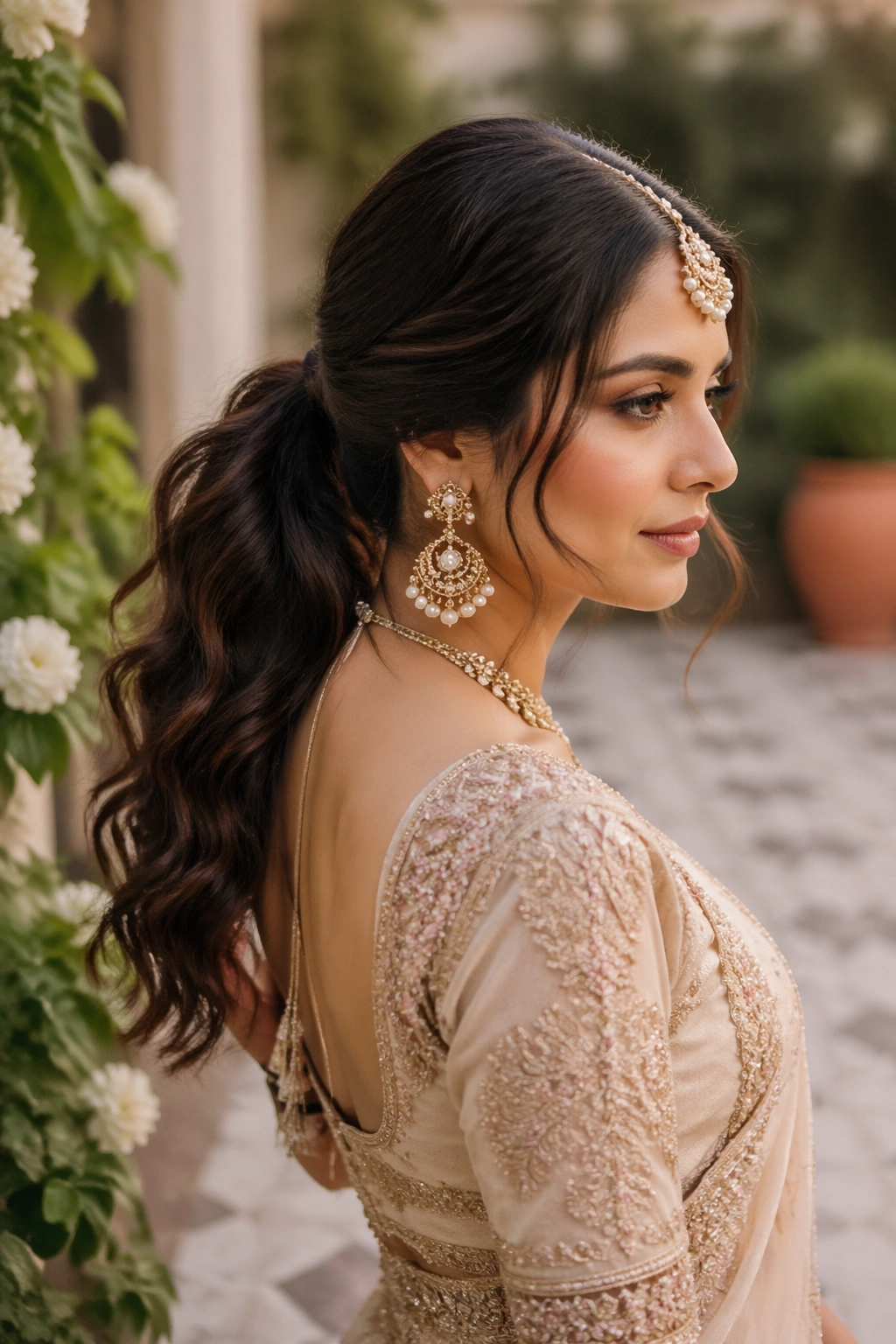 Side profile of center-part soft ponytail with traditional attire.